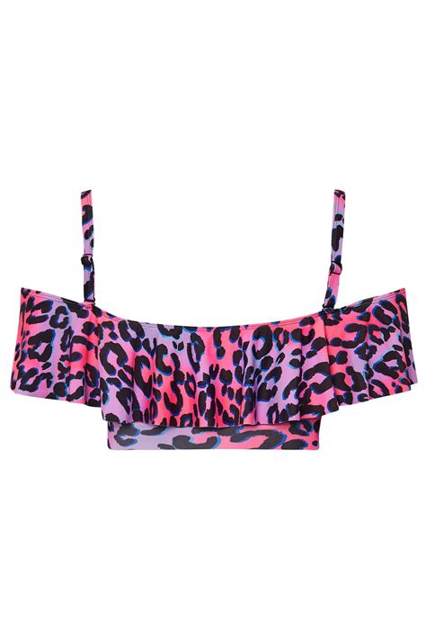 Yours Plus Size Pink Leopard Print Bardot Frill Bikini Top Yours Clothing