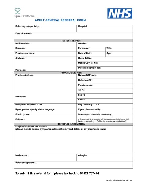 Uk Nhs Spire Healthcare Adult General Referral Form Fill And Sign