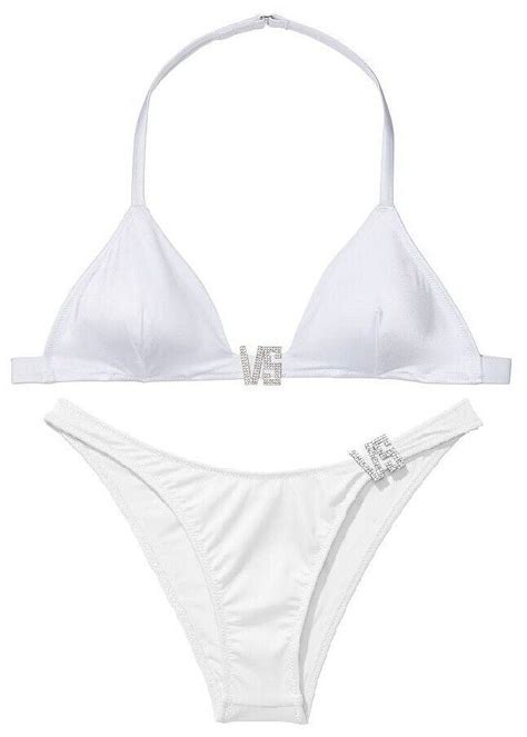 Victoria S Secret White Embellished Vs Shine Logo Swim Bikini Piece Set Size Large Nwt