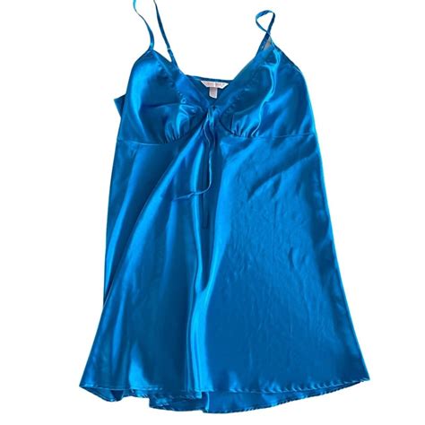 Cacique Lingerie Satin Slip Dress Aqua Blue Mesh Trim Gem