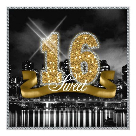 city lights sweet sixteen gold id invitation zazzlecom