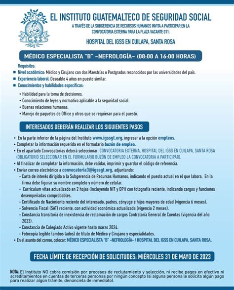 Convocatoria Para La Plaza De Médico Especialista Nefrología En El