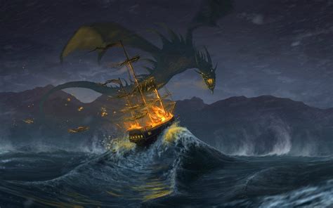 Wallpaper Sailing Ship Fantasy Art Sea Fire Dragon Ghost Ship