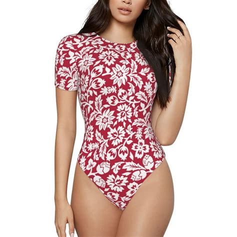 Easygdp Red Flowers Womens One Piece Swimsuit Slim Fit Crew Neck