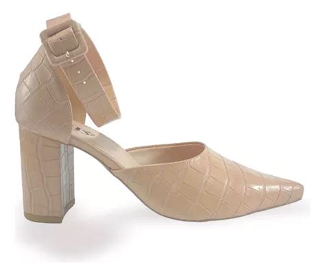 Scarpin Nude Croco Salto Alto Bloco 8 Cm Ully Parcelamento Sem Juros