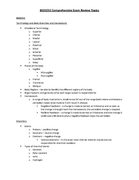 Bios252 Comprehensive Exam Review Guide Bios Terminology And Body