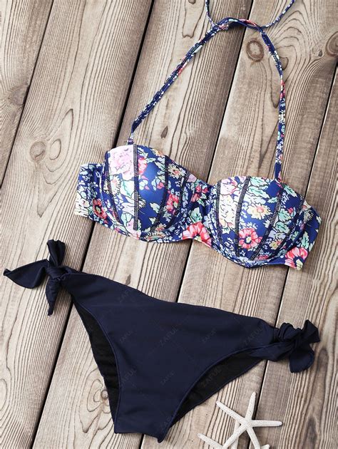 OFF Printed Strapless Underwire Padded Bikini Set In DEEP BLUE ZAFUL