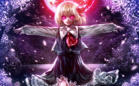 Blonde Hair Blood Clouds Dark Fang Forest Leaves Misaki Kyal 001 Moon Night Pink Eyes Rumia