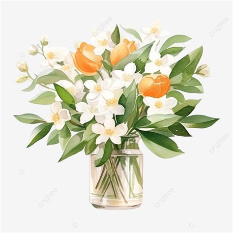 Watercolor White Murraya Orange Jasmine Flower Bouquet In Glass Vase