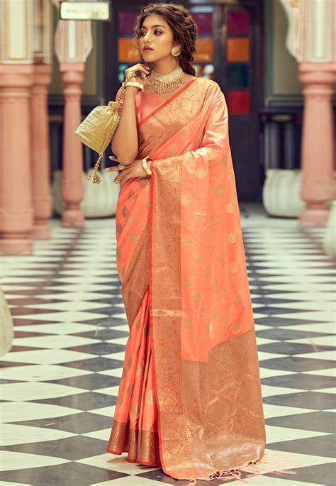 Silk Saree With Blouse In Peach Colour