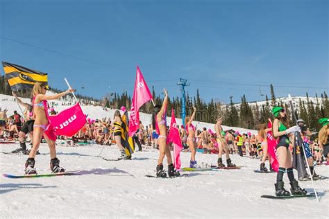 Grupo De Mujeres Bonitas Felices Jovenes En Una Snowboard En Bikini Colorido Con Las Banderas