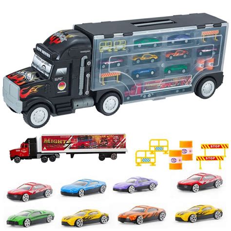 Set Camion Trailer De Jucarie Pentru Transport Masinute De Curse Tip Hot Wheels Din Metal Si