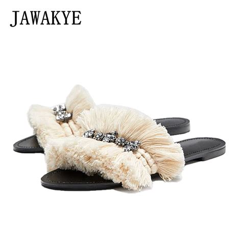 JAWAKYE стразы кисточкой Туфли без каблуков, женские тапочки на ...