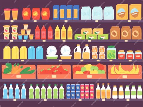 Полки супермаркетов с продуктами питания. полка продуктового магазина с ...