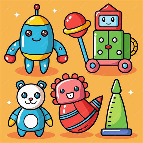 Милая мультфильмная иллюстрация игрушек робот плюшевый медведь ракета ...