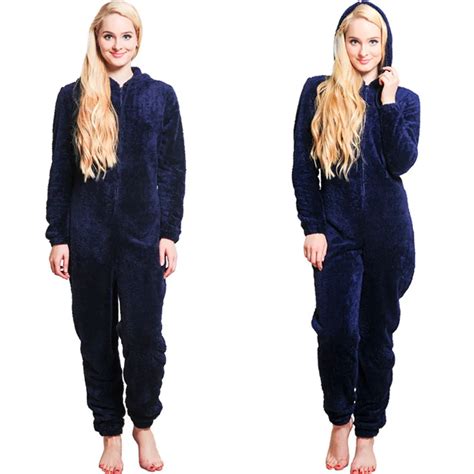 Women Onesies Winter Warm Pyjamas Fluffy Fleece Sleepwear Overall Hood ...