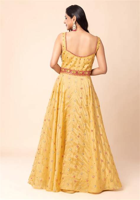 Buy Women Mustard Floral Thread And Mirror Boota Embroidered Anarkali