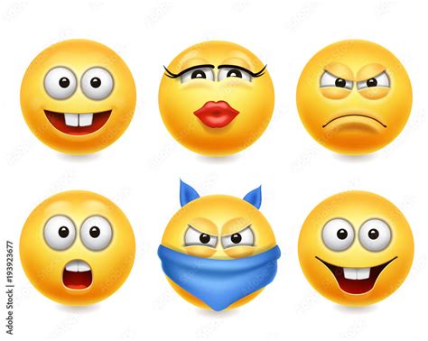 Smiley face icons. Funny faces 3d realistic set. Cute yellow emoji ...