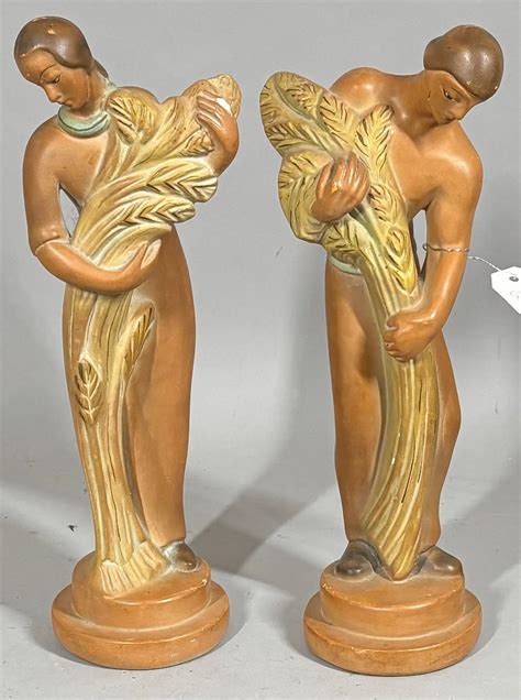 Lot Pair Of Ceramic Nude Figurines Of A Man And Woman Each Holding Wheat In Shade Of Terra