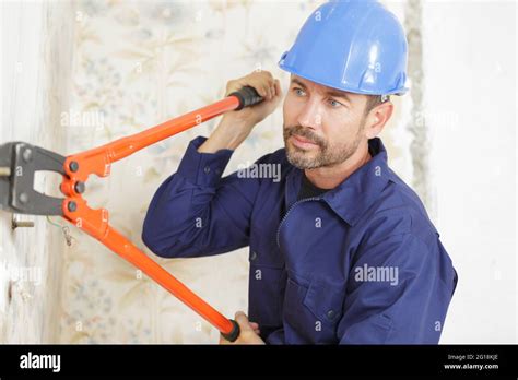 workman with scissors mower indoors Stock Photo - Alamy