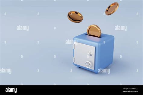 Safe Box With Dropping And Collecting Golden Coins On Blue Background