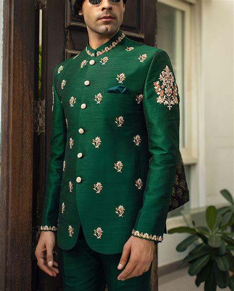 Bottle green color embroidered prince suit - Hussaini textile