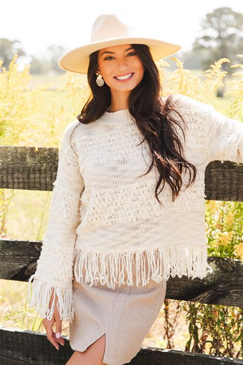 Fringe Trim Texture Sweater Cream New Arrivals The Blue Door Boutique