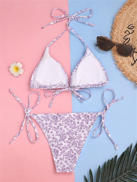 Emmiol Free Shipping Floral Print Halter Bikini Set Lilac S In Bikini Sets Online Store
