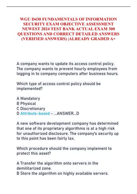 WGU D430 FUNDAMENTALS OF INFORMATION SECURITY EXAM OBJECTIVE ASSESSMENT