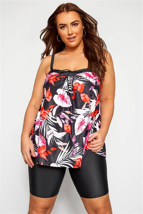 Black Tropical Leaf Print Tankini Top Yours Clothing