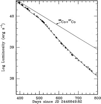 The light curve of SN 1987A. The measured luminosity (squares) more ...