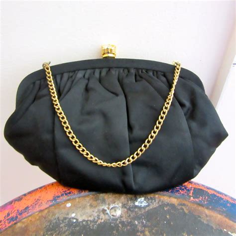 Black Satin Purse Rhinestone Clasp Clutch Evening Bag