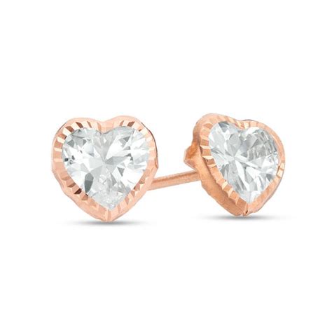 6mm Heart Shaped Cubic Zirconia Solitaire Stud Earrings In 14K Rose