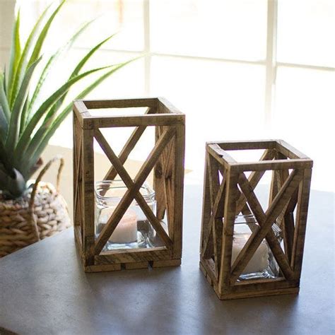 Rustic Wood Lantern Candle Holder Set Of 2 Antique Farmhouse