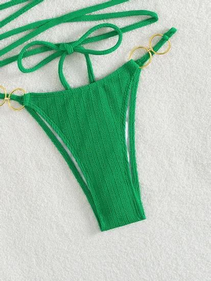 Solid Color Hanging Neck Lace Up Bikini With Metal Ring Sexy Two Piece Women S Swimsuit