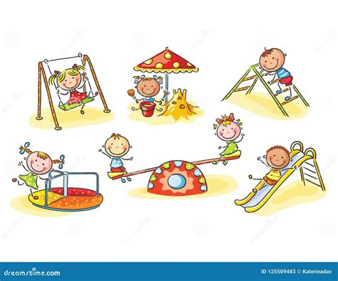 Happy Cartoon Kids On Playground Cartoon Graphics Illustration Stock