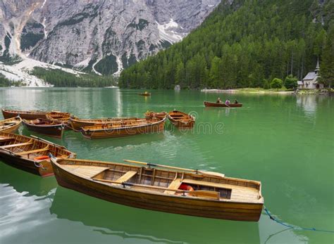 Braies Lake Italy Group Of The Traditional Rowing Boats Made Of Wood