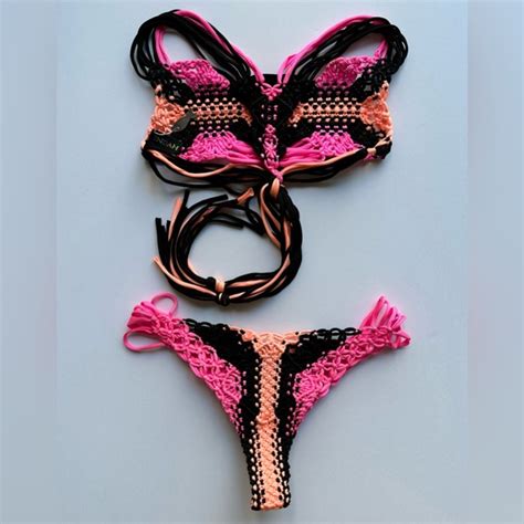 Indah Swim Rare Indah Koh Samui Macrame Bikini Set Neon Pink Black Xs Poshmark