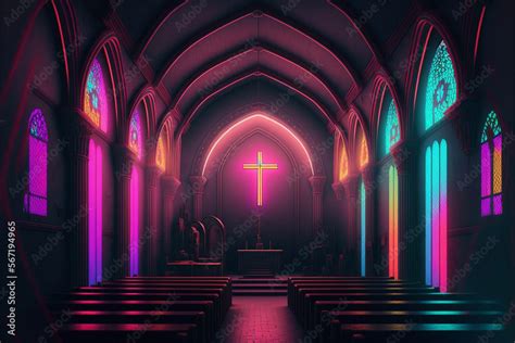 Neon Church Interior Pews Altar Cross Stained Glass Generative Ai