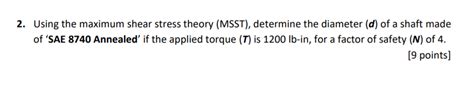 Solved 2. Using the maximum shear stress theory (MSST), | Chegg.com 