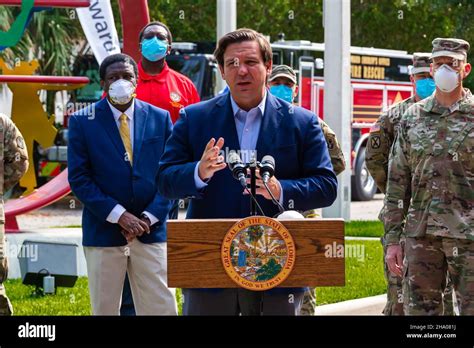 Governor of Florida Ron DeSantis in medical face mask during COVID-19 pandemic. Florida ...