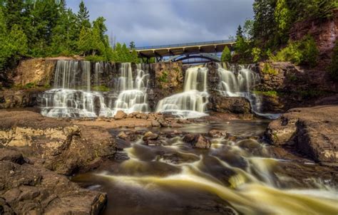 Wallpaper Bridge River Waterfall Cascade Mn Minnesota Gooseberry