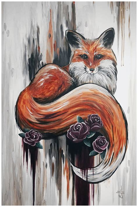 Red fox painting *SOLD* Red fox with flowers and abstract background ...