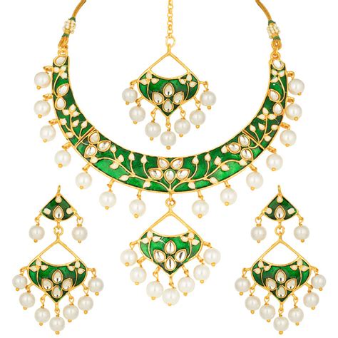 Peora Gold Plated Meena Work Traditinal Ethnic Necklace Earring Maang