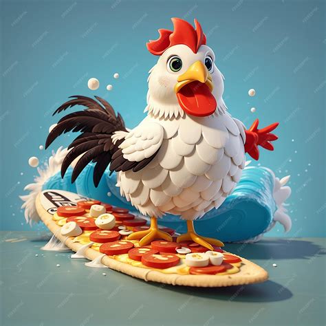 Premium Photo Cute Chicken Surfing With Pizza Cartoon Vector Icon