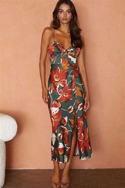 Missoula Cami Strap Padded Bust Midi Dress Floral Print Green In 2022