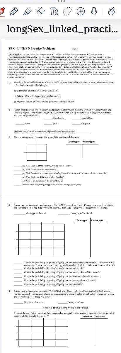 SEX LINKED Practice Problems Introduction A Female Has The Chromosome