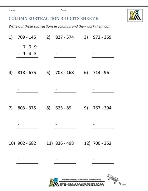 3 Digit Subtraction Worksheets