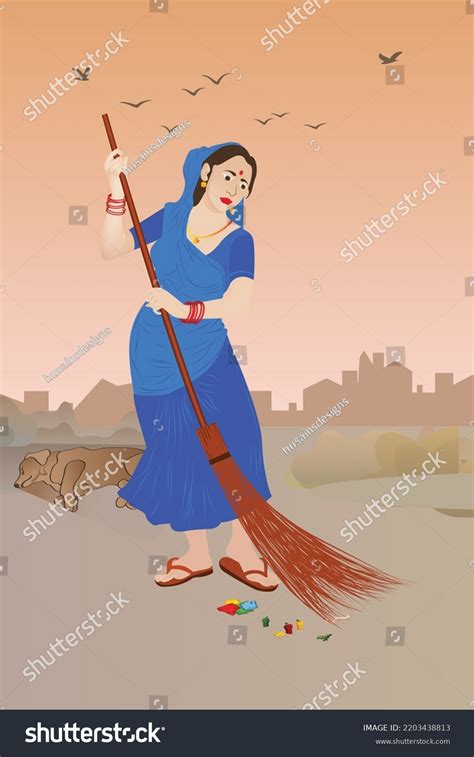 Indian Women Sweeping Garbage Broom Street Stock Vector Royalty Free