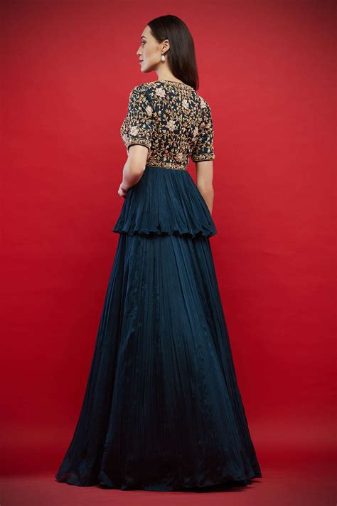 Buy Aayushi Maniar Blue Crepe Silk Embroidered Kurta Lehenga Set Online